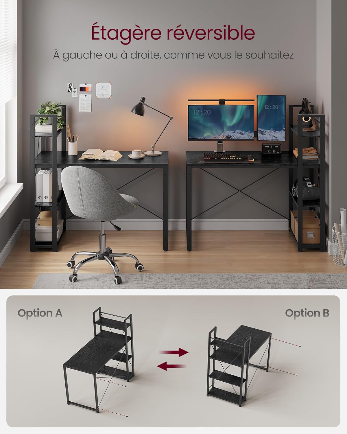 Bureau avec Etageres Réversible à Gauche ou à Droite