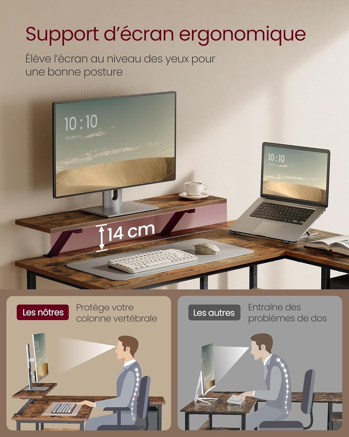 Bureau en Forme de L avec 2 Tiroirs Spacieux, Bureau Gaming avec Support pour Écran