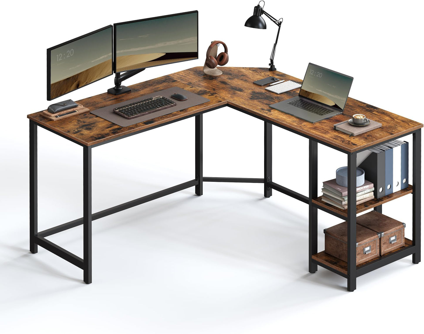 Bureau avec Rangement, Bureau d'angle en L, Poste de Travail avec Étagères