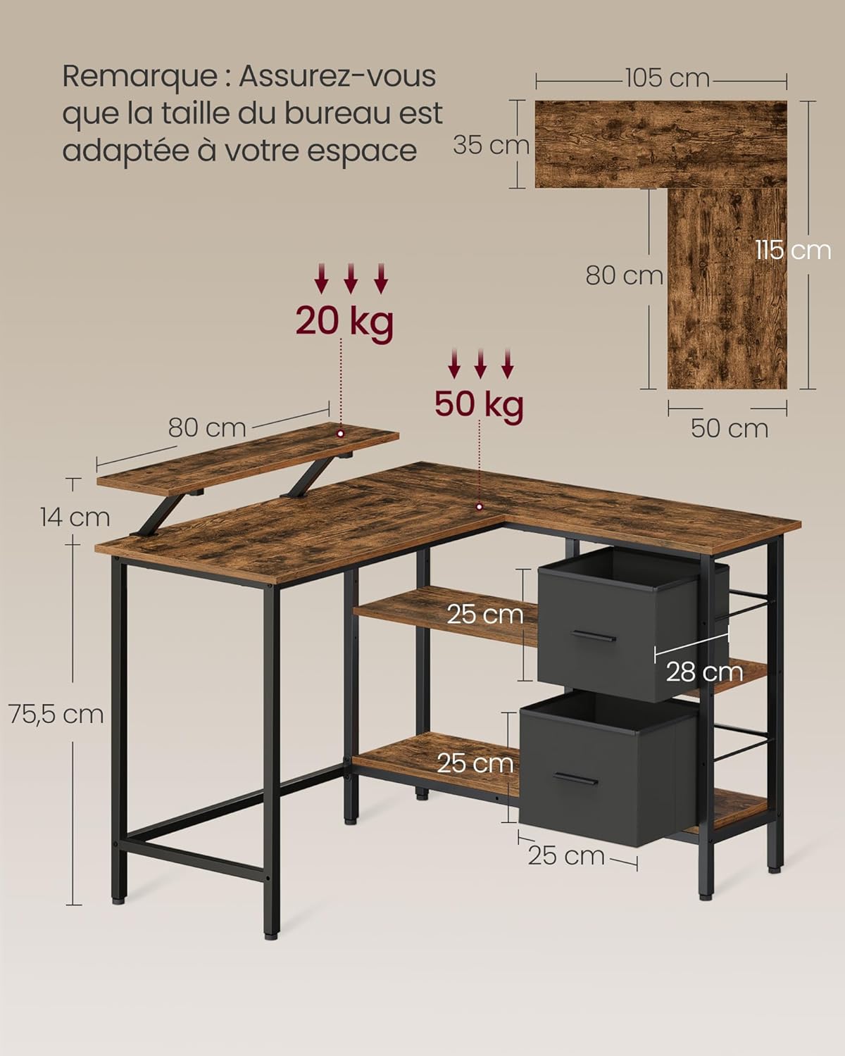 Bureau en Forme de L avec 2 Tiroirs Spacieux, Bureau Gaming avec Support pour Écran
