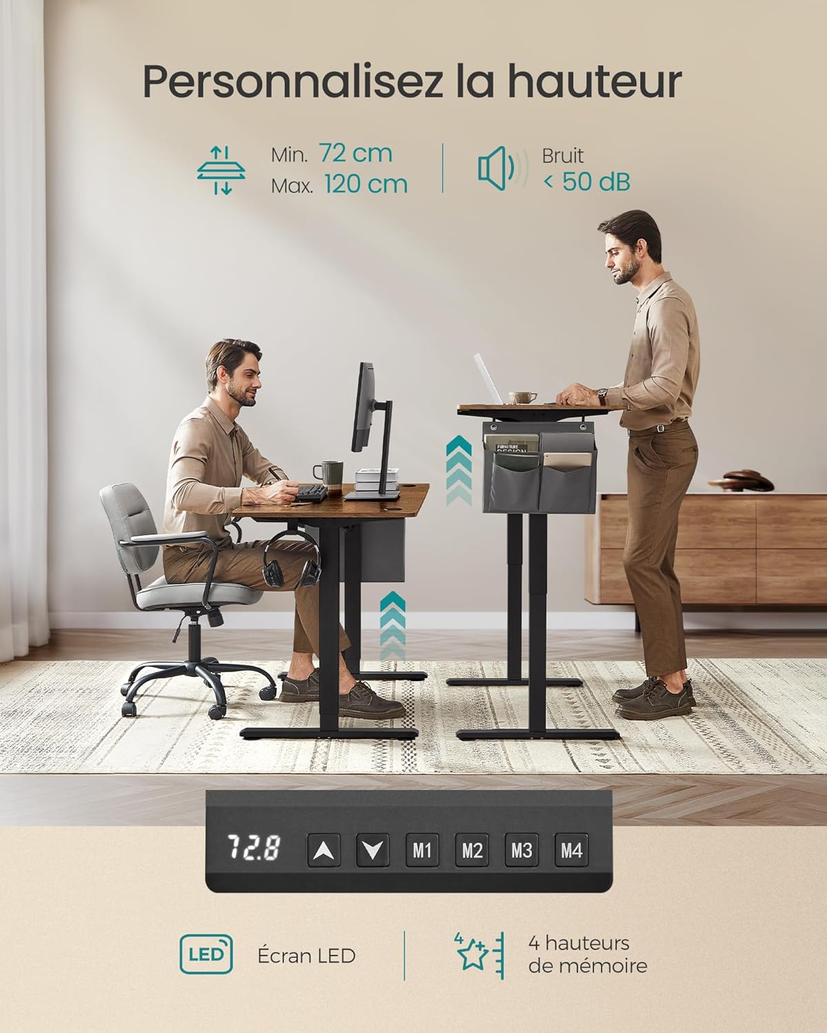 Bureau Électrique Réglable en Hauteur, Multiprise, Réglable en Continu, Fonction Mémoire de 4 Hauteurs