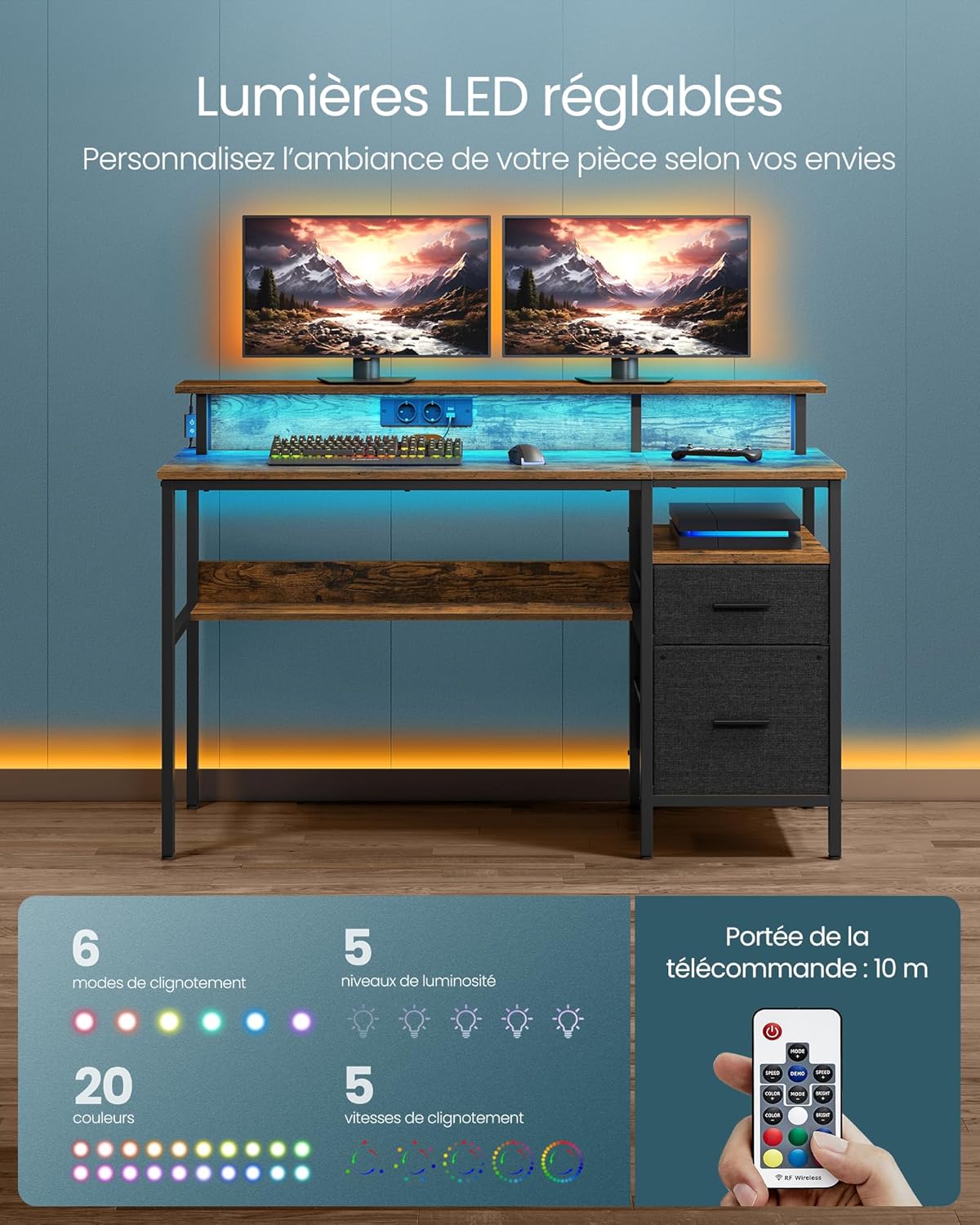 Bureau avec Lumières LED et Multiprise, Support d'Écran, Table avec Rangement, 2 Tiroirs en Tissu, 2 Ports USB