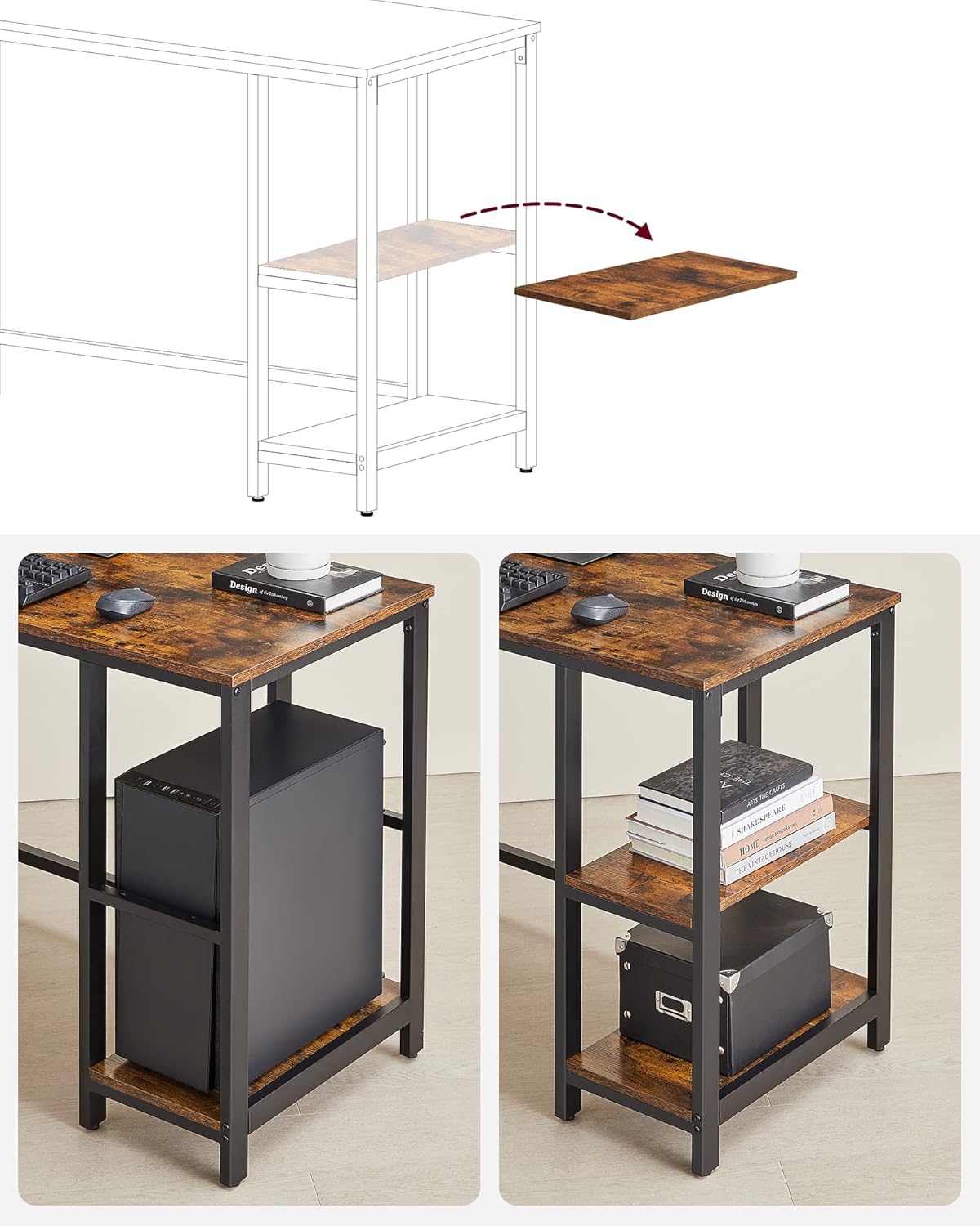 Bureau avec Rangement, Bureau d'angle en L, Poste de Travail avec Étagères