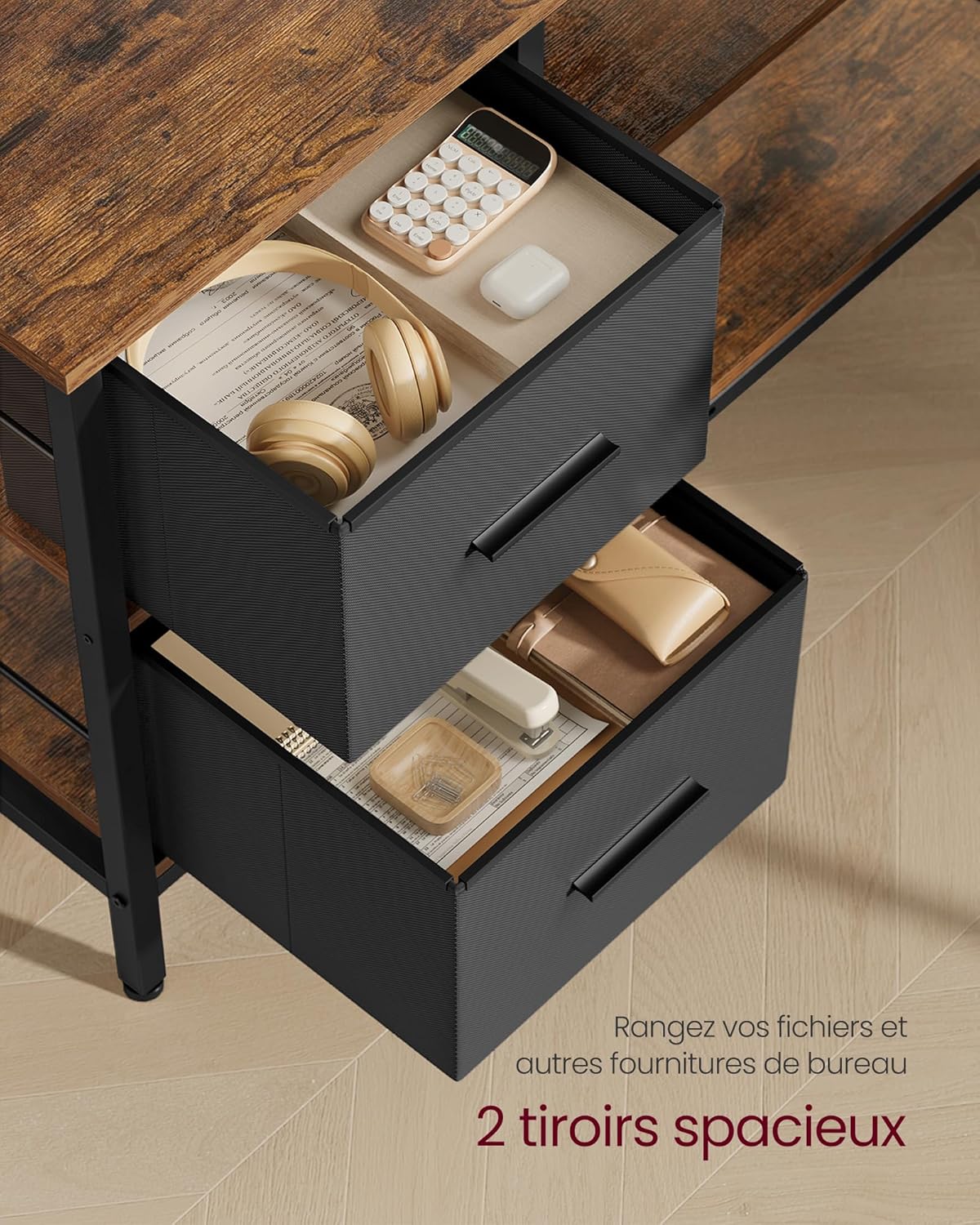 Bureau en Forme de L avec 2 Tiroirs Spacieux, Bureau Gaming avec Support pour Écran