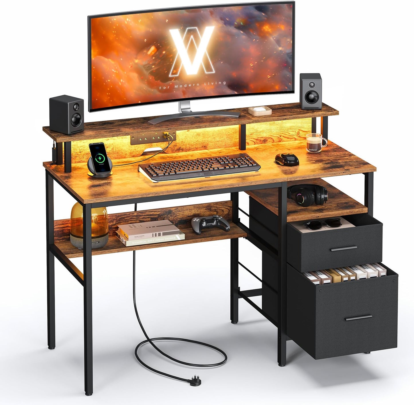 Bureau avec Lumières LED et Multiprise, Support d'Écran, Table avec Rangement, 2 Tiroirs en Tissu, 2 Ports USB