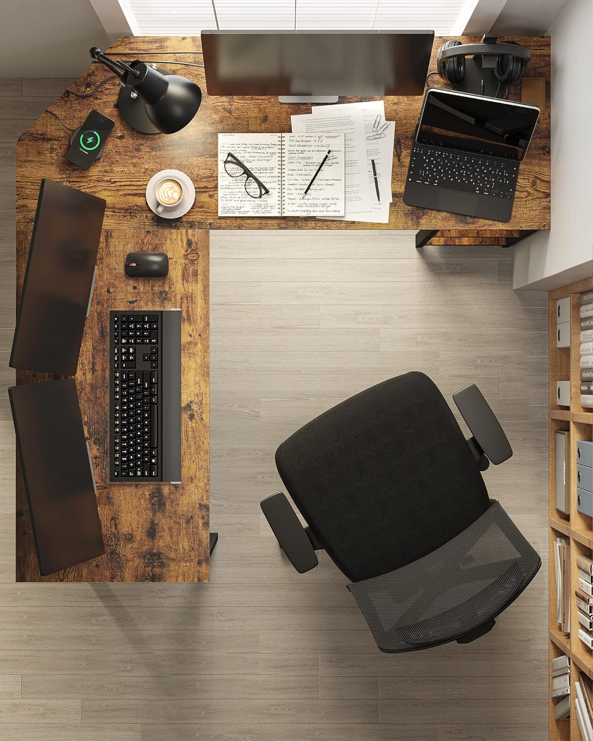 Bureau avec Rangement, Bureau d'angle en L, Poste de Travail avec Étagères