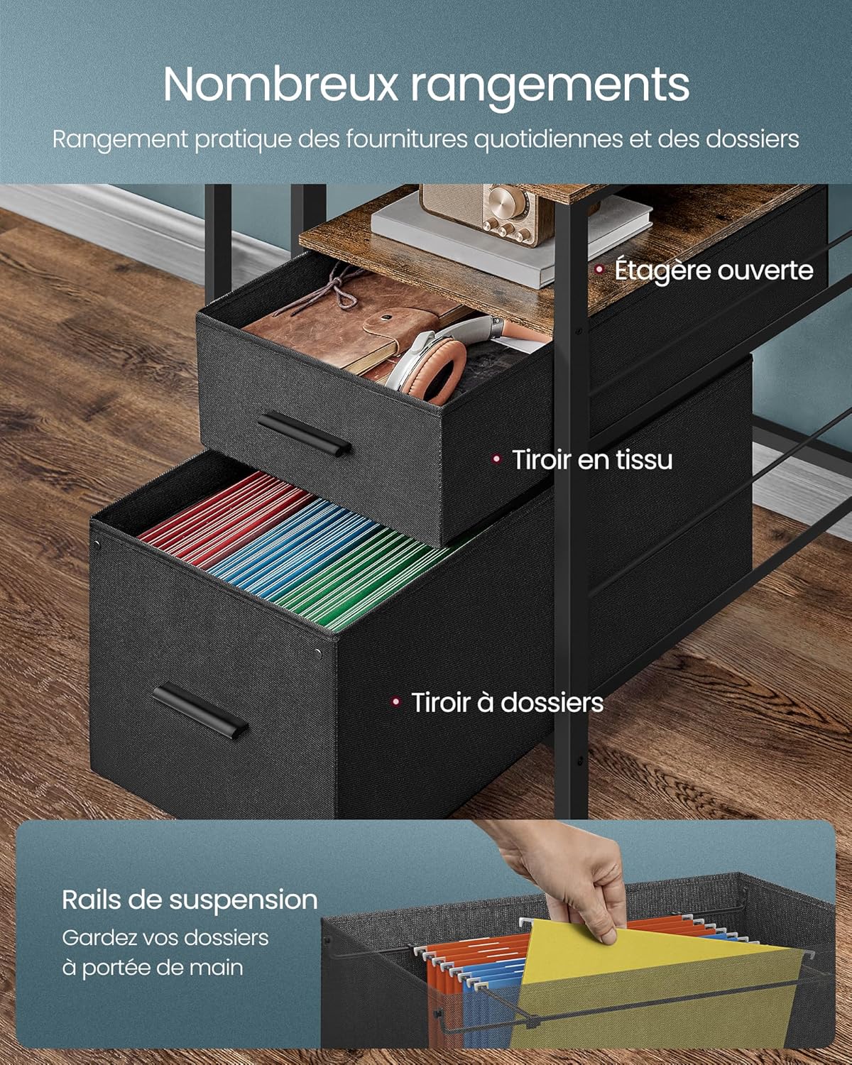 Bureau avec Lumières LED et Multiprise, Support d'Écran, Table avec Rangement, 2 Tiroirs en Tissu, 2 Ports USB
