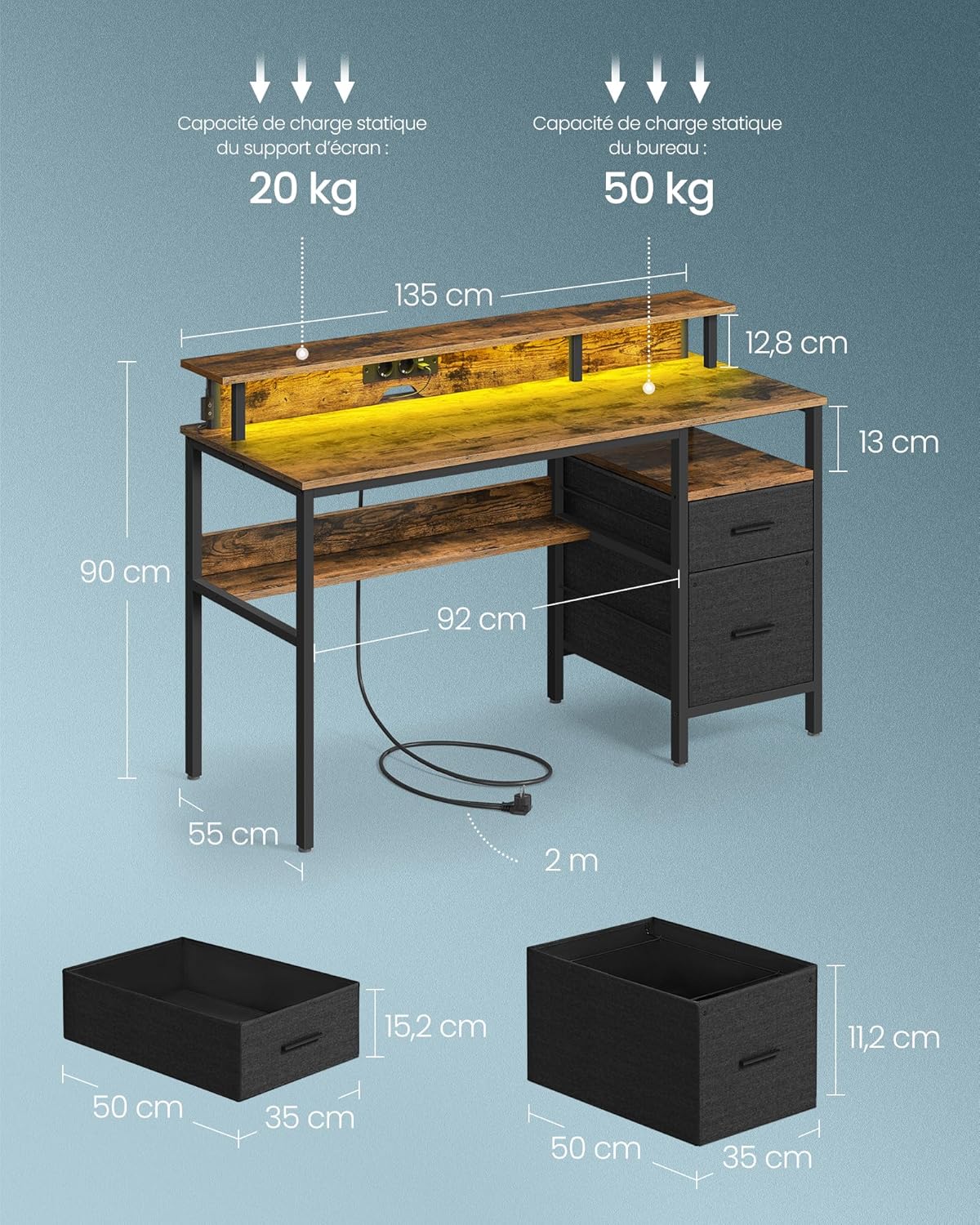 Bureau avec Lumières LED et Multiprise, Support d'Écran, Table avec Rangement, 2 Tiroirs en Tissu, 2 Ports USB
