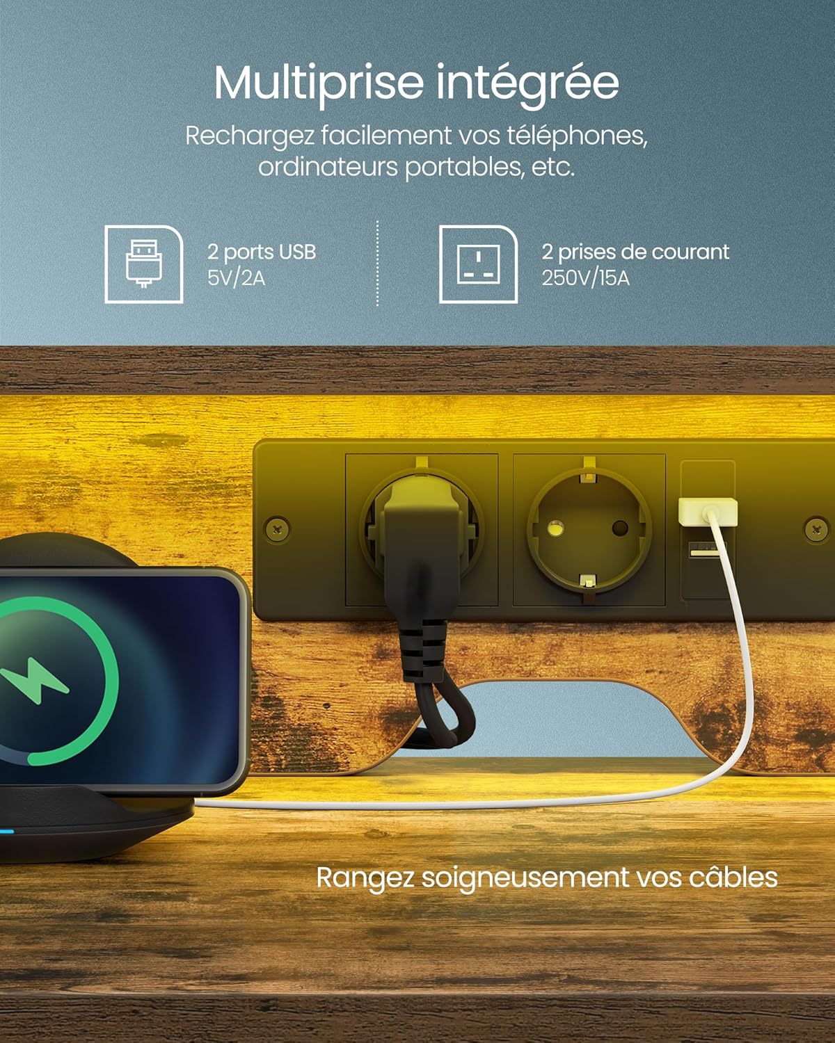 Bureau avec Lumières LED et Multiprise, Support d'Écran, Table avec Rangement, 2 Tiroirs en Tissu, 2 Ports USB