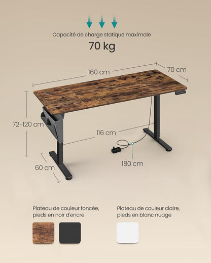 Bureau Électrique Réglable en Hauteur, Multiprise, Réglable en Continu, Fonction Mémoire de 4 Hauteurs