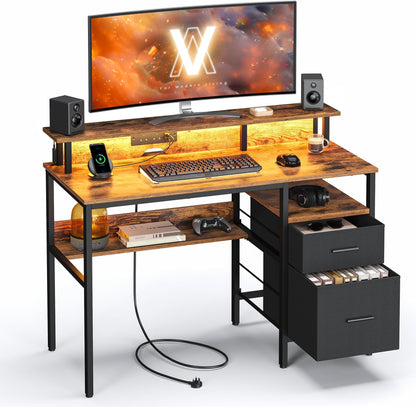 Bureau avec Lumières LED et Multiprise, Support d'Écran, Table avec Rangement, 2 Tiroirs en Tissu, 2 Ports USB