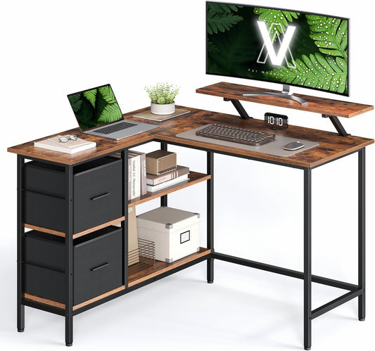 Bureau en Forme de L avec 2 Tiroirs Spacieux, Bureau Gaming avec Support pour Écran