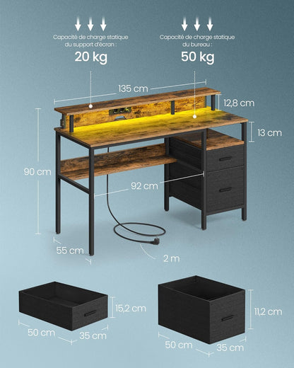 Bureau avec Lumières LED et Multiprise, Support d'Écran, Table avec Rangement, 2 Tiroirs en Tissu, 2 Ports USB